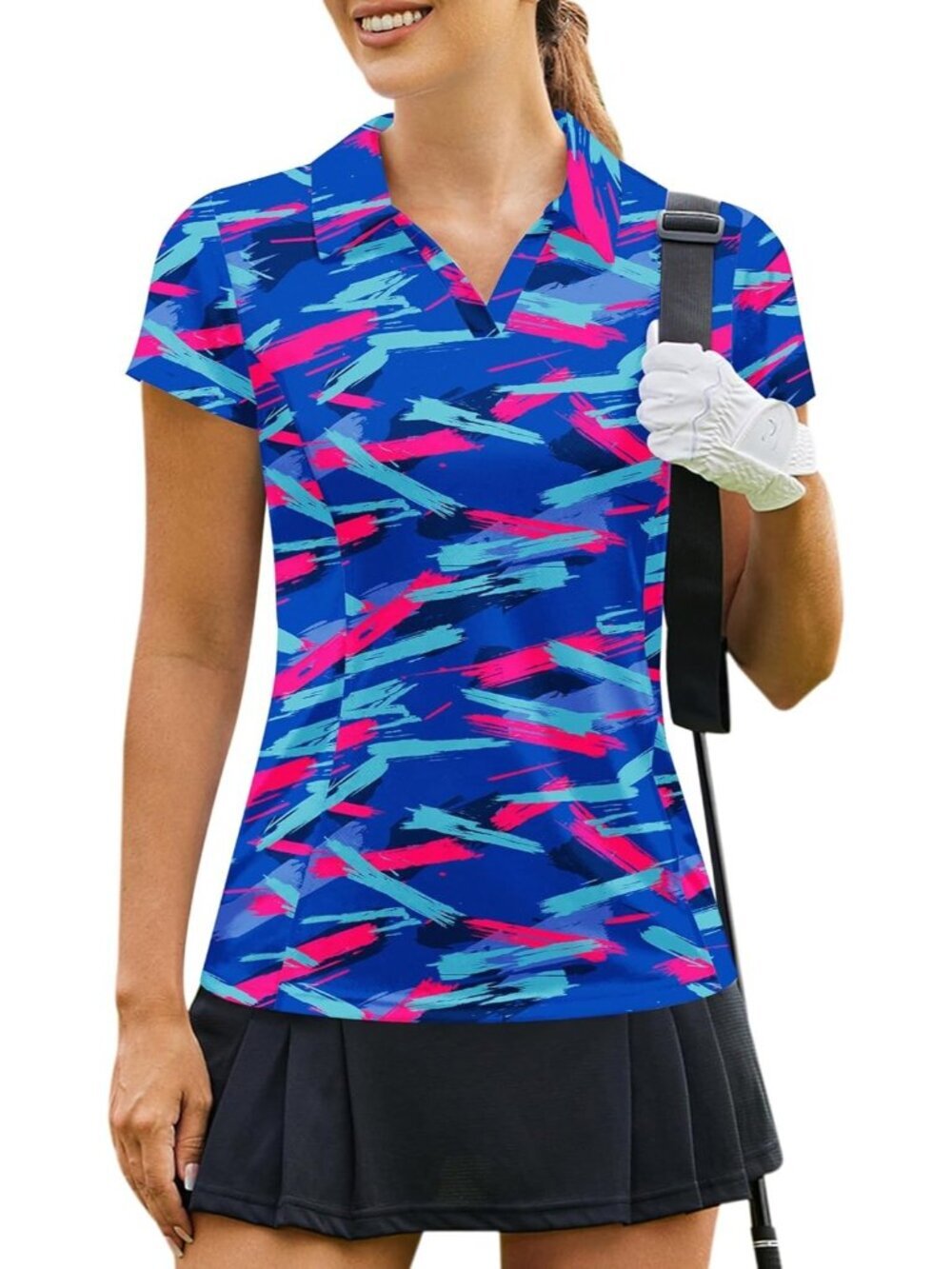 Women Colorful Geometry Golf Shirt Short Sleeve Quick Dry V-Neck Tennis Tops Fit